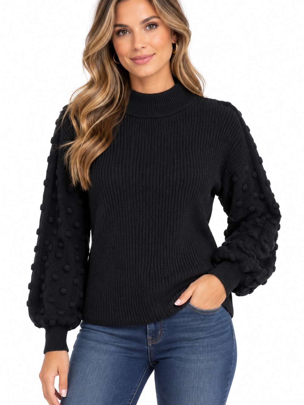 Vince Camuto Black Pom-Pom Balloon Sleeve Turtleneck Sweater